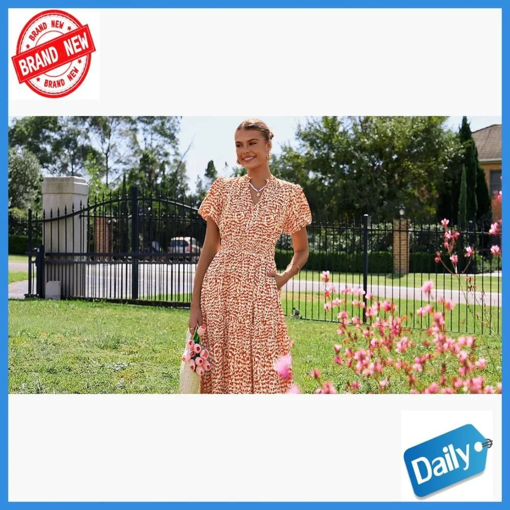 Maxi Dress with Puff Sleeves Smocked Waist Flowy A-Line V-Neck Casual